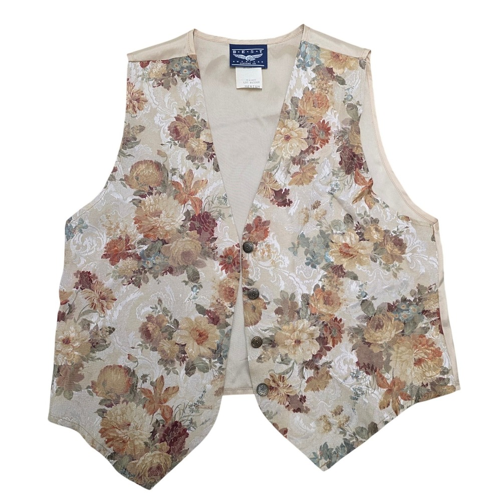 Vtg BEST American Clothing Co Floral Brocade Vest Medium Beige Button Front